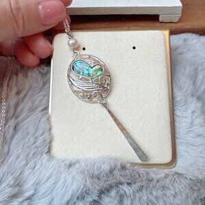 Abalone Heart Pendant Necklace with Freshwater Pearl and Long Chain